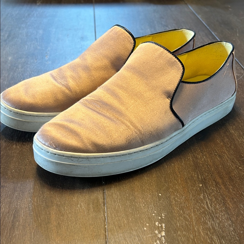 Diane Von Furstenberg Pink Satin with Brown Leather Trim Slip-On Sneakers